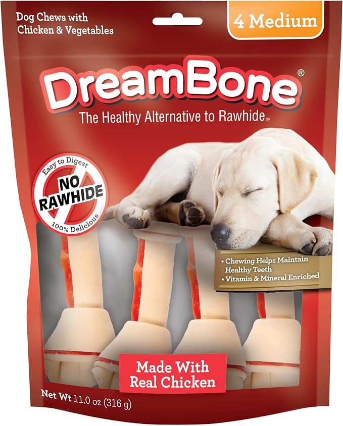 DreamBone Medium Bone Rawhide-Free Dog Treats With Real Protein, 4 Count | Daily Chew, Digests Safely and Completely, Made With Real Chicken and Veggies, For Adult Dogs