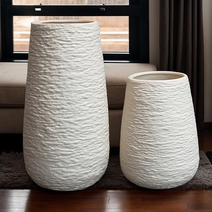 LIFFY Ceramic Flower Vase Set of 2, Home Decor Simple Modern Stereo Grain Table Decorative Vases for Dinning Room, Living Room, Bathroom, Office, Coffee Desk, Fireplace, Gift for Mother, Wife