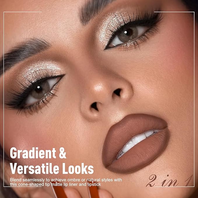 Brown Lip Liner Lipstick Set - Lip Combo Matte Lip Liner Pencil Long Lasting Gradient Lipstick for Women Easy to Use Crayon Cone Tip Smooth Creamy Texture Lip Contour Makeup Kit for Daily/Party