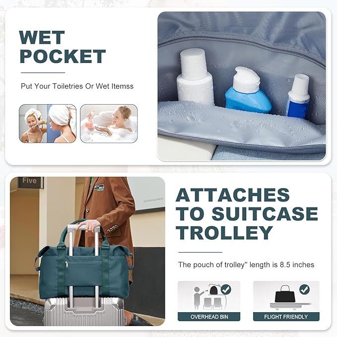 Travel Duffel Bag, Carry On Overnight Weekender Bags for Women | Travel Bag with Wet Pocket & Trolley Sleeve, For Spirit Airlines 18x14x8 Personal Item Bag