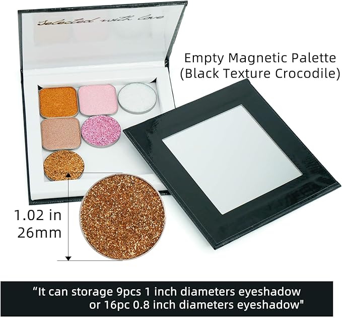Small Empty Magnetic Makeup Palette with Mirror, Spatula, 20 Metal Stickers, Suitable for Eyeshadow Lipstick Blush Powder Highlighter and Contour (Black, Small)