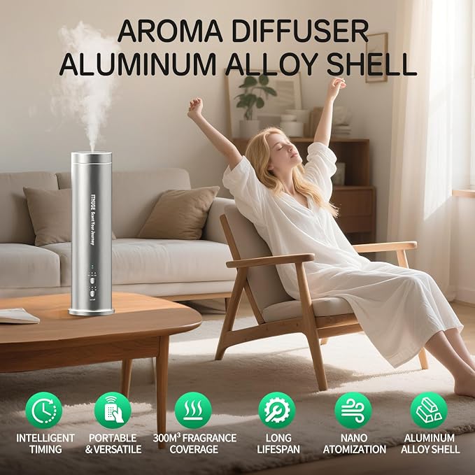 Waterless Essential Oil Diffuser 1000 Sq Ft, Nebulizing Diffuser with Remote & Timer, Adjustable Mist, Mood Light, Plug-in Aromatherapy for Home Office Hotel, Silver M202S