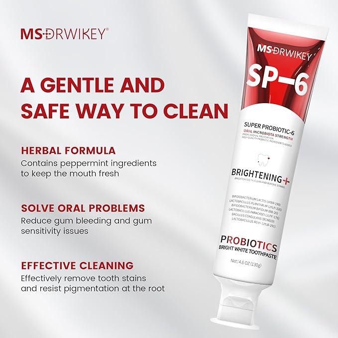 MSDRWIKEY SP-6 Probiotic Whitening Toothpaste - Enhanced Formula with 6 Probiotics for Teeth Whitening and Gum Health - Enamel-Safe, Fluoride-Free, Fresh Mint Flavor, 4.6oz (3)
