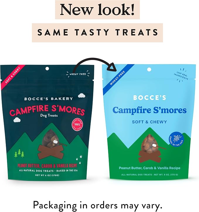 Bocce's Bakery Campfire S'Mores Soft Chewy Dog Treats (PB, Carob & Vanilla) | Oven Baked, Wheat-Free Everyday Dog Treat Cookies - Made with Real, Limited Ingredients and Baked in The USA (6 oz)