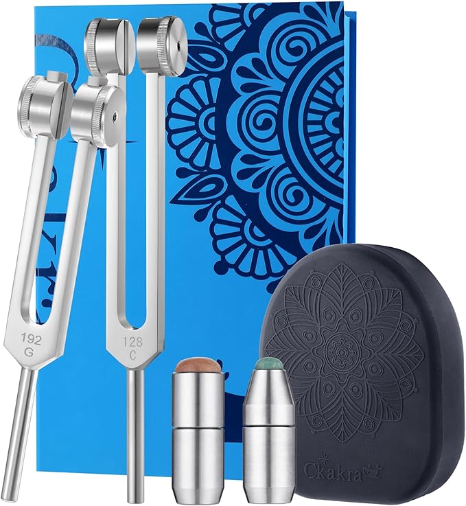 Ckakra Weighted Tuning Forks Set with Genuine Gemstone Boot, Complete Set for Effective Sound Therapy,Gem-Feet for Deeper Resonance & Enhanced Vibration,Odorless Silicone Activator,128C&192G