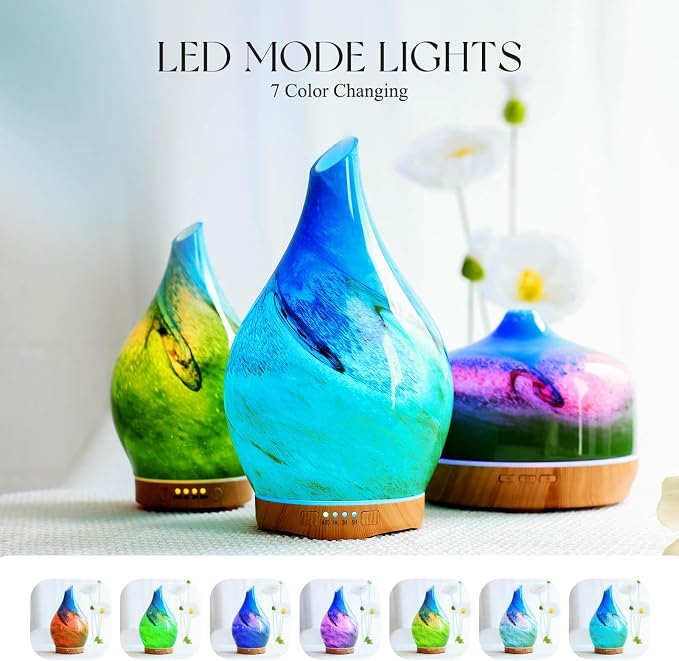 Porseme 280ml Essential Oil Diffuser Glass Color Changing Aroma Air Diffusers Aromatherapy Ultrasonic Cool Mist Humidifier with Remote Control 7 Running Hours Waterless Auto-Off (Blue Grass)