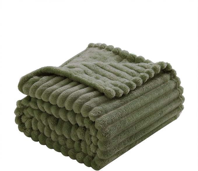 Olive Green Fleece Throw Blanket 90”×90” for Couch Sofa Livingroom | Super Soft Cozy Plush Microfiber Flannel Bed Blanket Striped Design Lightweight Home Decor Gifts for Adults Mom Women