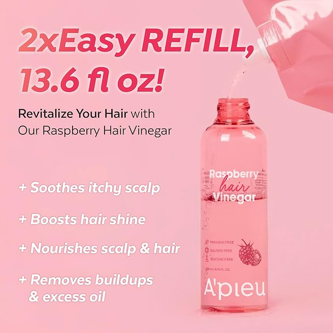 A’PIEU Raspberry Hair Vinegar [Refill] - Deep Scalp Clean & Detox for Oily Scalp, Buildup & Dandruff Scalp Treatment, pH-Balancing Rinse for Fresh, Shiny Hair, Korean Haircare, 6.76 fl oz