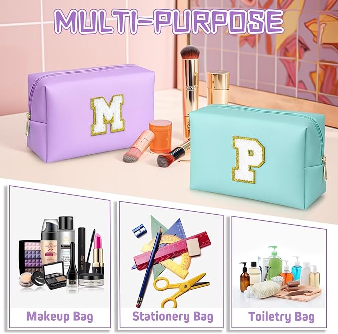 TOPEAST Preppy Makeup Bag, Small Cosmetic Travel Bags for Women, PU Leather Waterproof Toiletry Bag with Zipper, Personalized Birthday Gift for Women Girl, Preppy Gifts for Girl (Purple Z)