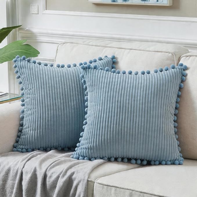 Fancy Homi Set of 2 Light Blue Decorative Throw Pillow Covers 24x24 Inch with Pom-poms, Boho Soft Corduroy Solid Square Baby Blue Cushion Covers for Couch Sofa Bedroom Car Living Room 60x60 cm