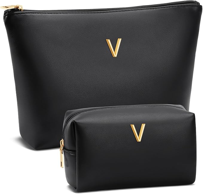 Women Gifts | Initial Makeup Bag for Girl Personalized Gifts for Bridesmaid Friend PU Leather Cosmetic Travel Toiletry Bag(Black,V)