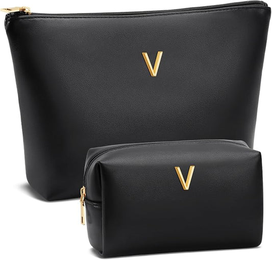 Women Gifts | Initial Makeup Bag for Girl Personalized Gifts for Bridesmaid Friend PU Leather Cosmetic Travel Toiletry Bag(Black,V)