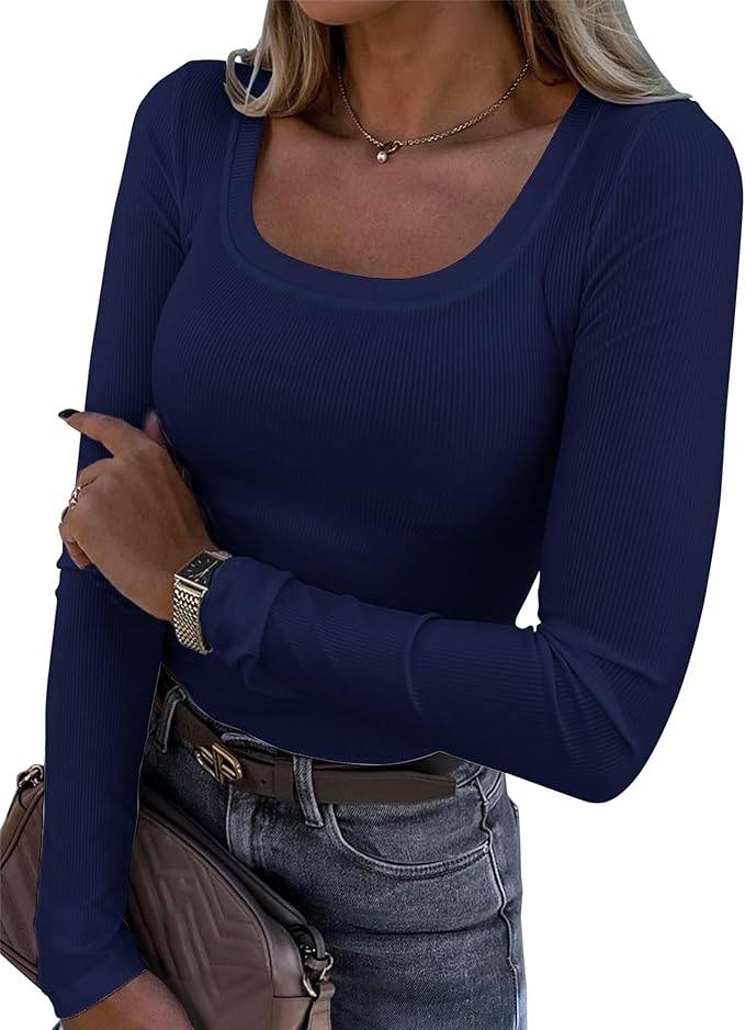 Roselux Womens Long Sleeve Scoop Neck Ribbed Knit Fitted Casual Tops Tee Slim Basic Shirts