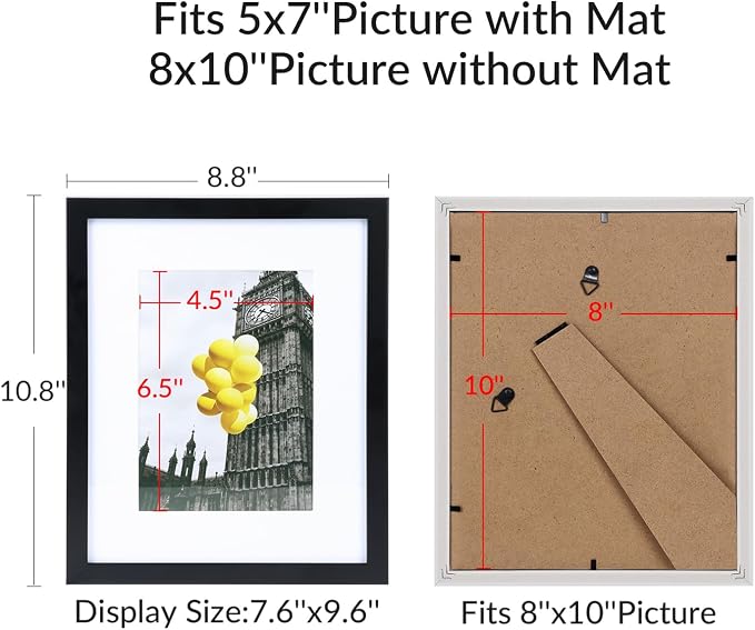 8x10 Picture Frame Set of 9, Display Pictures 5x7 with Mat or 8x10 without Mat, Multi Collage Gallery Square Photo Frames for Wall or Tabletop, Black