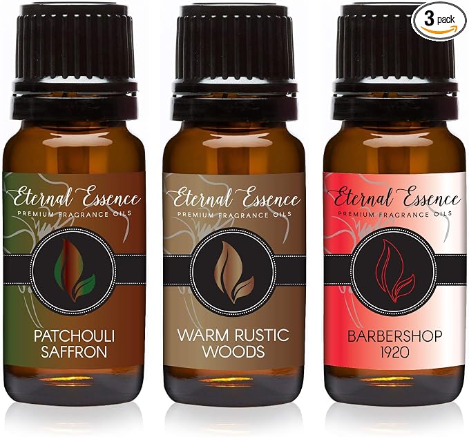 Eternal Essence Oils 2 Pack 10ml Premium Fragrance Oil - Patchouli Saffron, Barbershop 1920 & Warm Rustic Woods - for Candle, Soap Making, Aromatherapy, Diffusers, Home Care, & Humidifiers