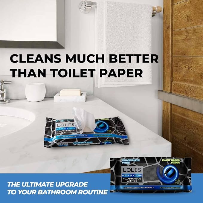 LOLE’S Men’s Flushable Wipes – Toilet Wipes for Adults Flushable, 48 Wipes Fragrance-Free, Gentle on Skin, Plant-Based Butt Wipes, Septic Safe, Dude & Travel-Friendly, Designed for Men