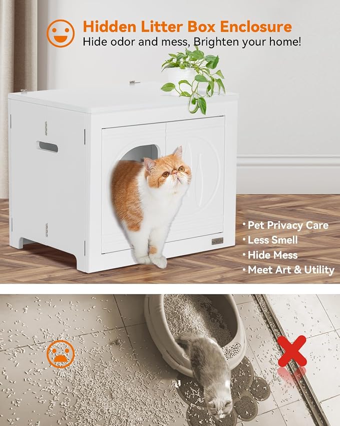PETSFIT Cat Litter Box Enclosure Folding Furniture, Unfold to Use, No Assembly Needed, Litter Box Furniture as Cat House, End Table, Fit Most of Litter Box (White)