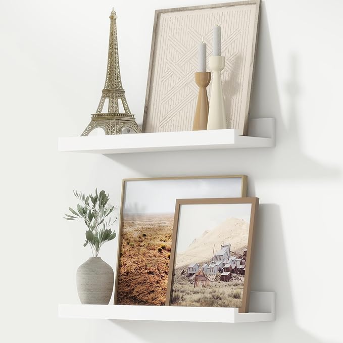 Picture Ledge Shelf, Floating Shelves for Wall, 16" W Set of 2, White | FSC Certified Engineered Wood, Wall Mounted Bookshelf, for Nursery Living Room Bedroom, Pre-Drilled, Easy Install