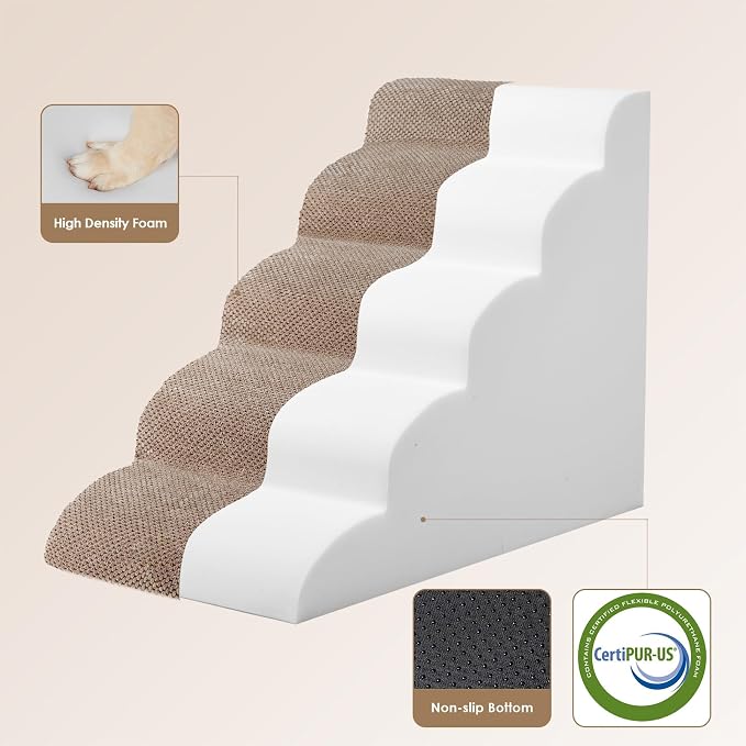 EHEYCIGA Curved Dog Stairs Ramp, 5-Step High Beds, 22.6" H Pet Step | 33D density of pure foam, for Small Dogs and Cats, Pet Stairs for High Bed Climbing, Non-Slip Balanced Indoor, Camel