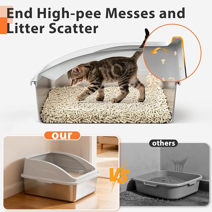 AIPERRO Stainless Steel Litter Box | Metal Kitty Litter Box with Lid | High Sided, Low Entry for Small Cats or Injured Cats | Bunny Litter Boxes | Odor-Free & Non-Stick | Includes Litter Cat Scoop