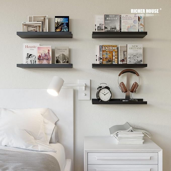 RICHER HOUSE 5-Set Floating Shelves with Lip, Black Wall Mounted Wood Shelf | Display Picture Ledge Shelf, Anti-drop lip Shelf for Room Wall Decor, Bedroom Bathroom Storage Nursery Books, Easy Setup 16in