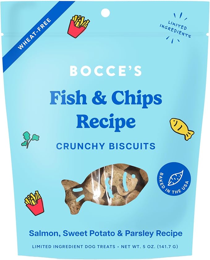 Bocce's Bakery Fish & Chips Flavor Crunchy Biscuits Dog Treats, 5 oz | Oven Baked, Wheat-Free Everyday Dog Treat Biscuits - Made with Real, Limited Ingredients and Baked in The USA