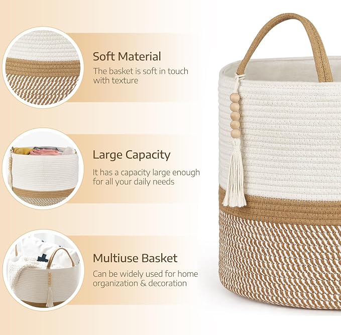 Mkono Woven Storage Basket for Blanket, Toys Plant Organizer, 16"W x 13.8"L | White and Brown, Decorative Basket with Handle, Wood Beads Tassel, Shoes Clothes Storage Bin, Living Room Bedroom Nursery