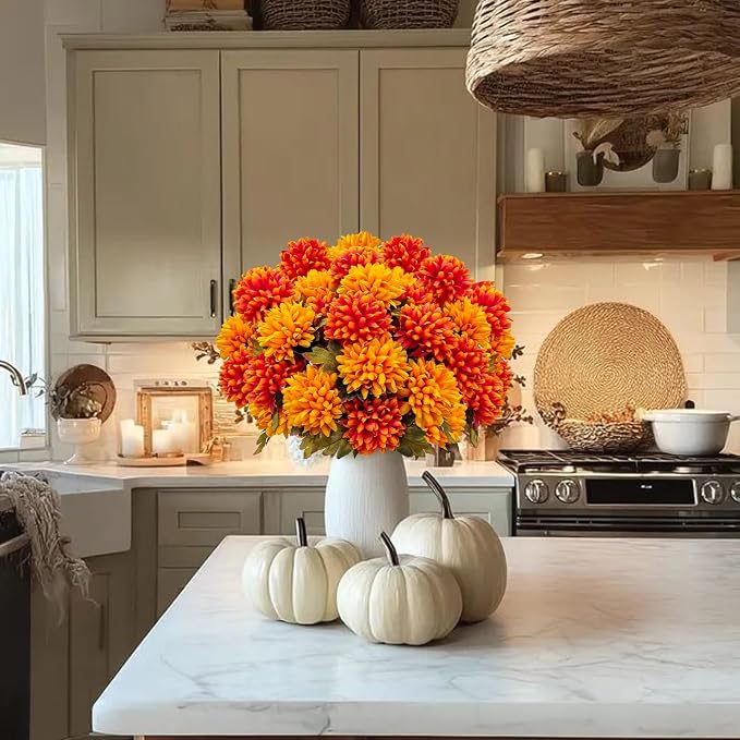 4 Bundles Large Artificial Fall Flowers Faux Mums for Outdoor Planters | Silk Fake Chrysanthemums Bouquet for Home Vase Outside Front Porch Table Floral Arrangement Wedding Autumn Decor