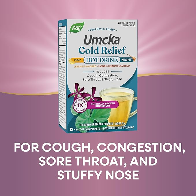 Nature's Way Umcka Cold Relief Hot Drink, Homeopathic, Clinically Proven Pelargonium Sidoides 1X, for Cough, Congestion, Sore Throat, Stuffy Nose, Day & Night Formula, 12 Packets (Packaging May Vary)