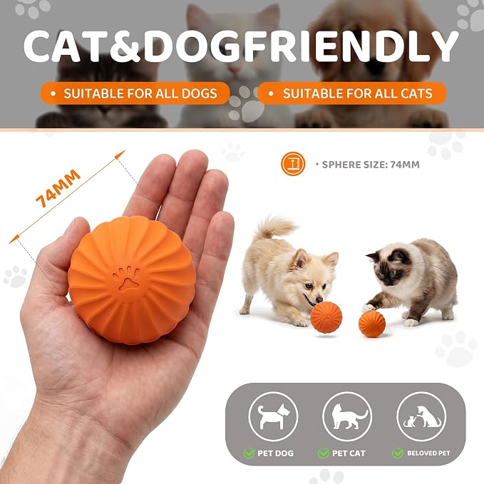 Smart Interactive Dog Toy Ball for Dogs and Cats, Motion Activated Auto Rolling Bouncing Pet Ball, IP67 Waterproof, Bite Resistant Rubber, USB-C Rechargeable, 2 Modes