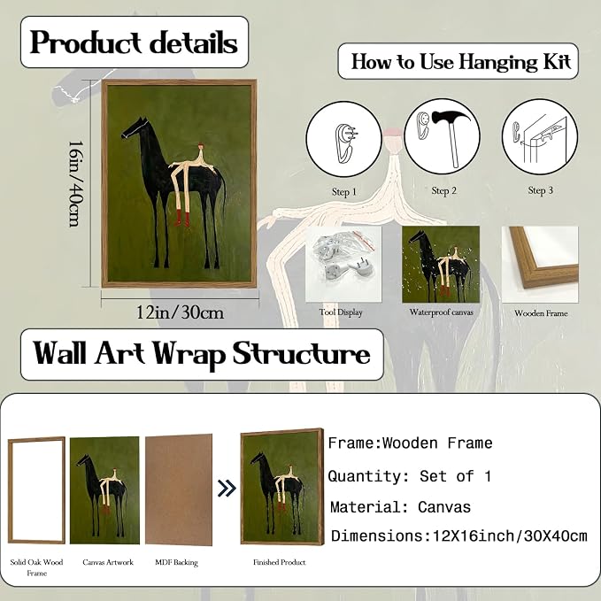 Abstract Western Cowboy Wall Art Vintage Horse Rider Wall Decor Painting, Contemporary Southwestern Poster Canvas Print Picture for Living Room Bedroom 12x16 inch Wood Framed