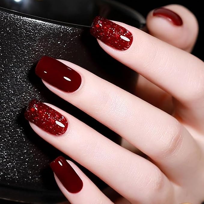 COSMOO 12ml Red Glitter Nail Polish, Burgundy Glitter Quick Dry Nail Lacquer, Wine Nail Art Varnish