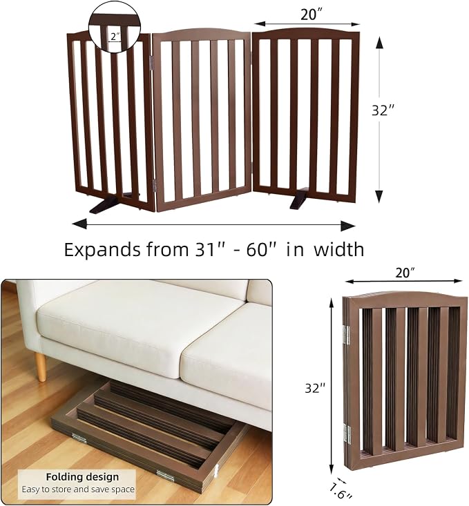 ZJSF Foldable Freestanding Indoor Dog Gate for House Wood Long Pet Gates Dog Fence for Stairs Puppy Gates for Hallways, Puppy Gate,Support Feet Included, Brown, 32 "Height-3 Panels