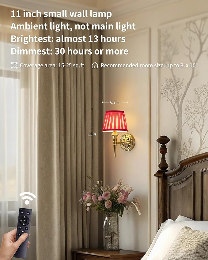 KDG Cordless Gold Wall Sconces Set of 2, Red Fabric Lampshde Wall Lamps | Small LED Wireless Portable Rechargeable Battery Lighting for Wall Painting, Living Room, Bedroom, Hallway, Gifts, Nightlight