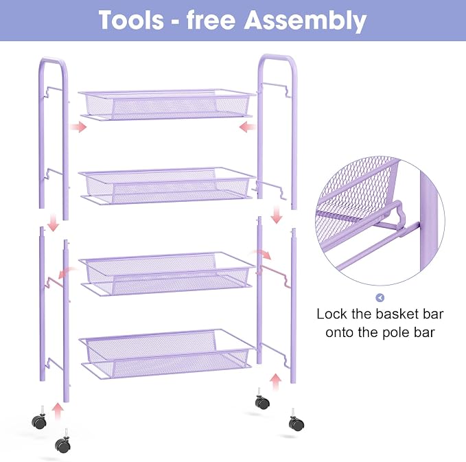 TOOLF 4 Tier Rolling Cart, Metal Utility Storage Cart with Wheels, Purple | 3 Hooks, Screwless Assembly, Trolley Organizer for Bathroom, Kitchen, Office, Nursery, Dorm, Laundry Room