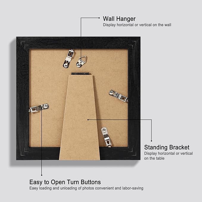 Hongkee 6x6 Picture Frame Set of 4, Made of Glass and Rustic Black Wooden Frame - Display Picture 4x4 with Mat or 6 x 6 Without Mat, 6x6 Photo for Wall or Tabletop