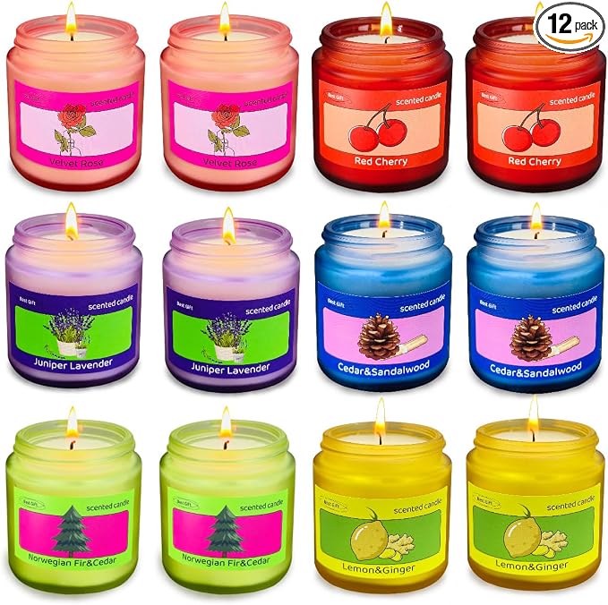 12 Pack Candles for Home Scented, Colored Frosted Jar Aromatherapy Candle Gifts for Women, Natural Soy Wax Candle Set, Scented Candles Set for Birthday Valentine Mother's Christmas Day Present
