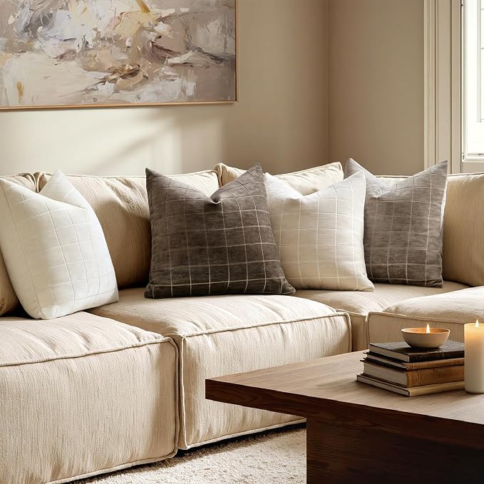MIULEE Brown Plaid Decorative Fall Lumbar Pillow Covers 12x20 Set of 2 | Vintage, Check Chenille Couch Pillows, Boho Farmhouse Cushion Covers, Modern Home Decor for Sofa Bed Living Room