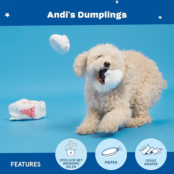 BarkBox Andi's Dumplings 4-in-1 Interactive Plush Dog Toy | Squeaky Dog Chew Toy with Ball Inside and Crinkle Layers - For Large Dogs and Puppies