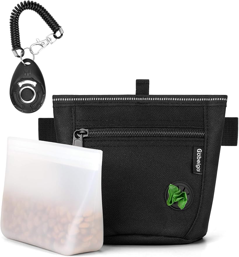 Gobeigo 2 Cup Dog Treat Pouch with Silicone Insert Bag& Clicker(Raven) | 2 Pair Magnetic Closures, Zipper Pocket with Poop Bag Holder, Waist Belt & Metal Clip to Wear for Pet Training/Daily Walking