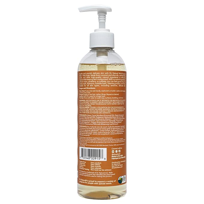Dr. Natural Multi-Purpose Baby Plus Kids Soap - Body Wash and Shampoo - Gentle Soap with Shea Butter - Newborn Safe - Almond - 16 oz
