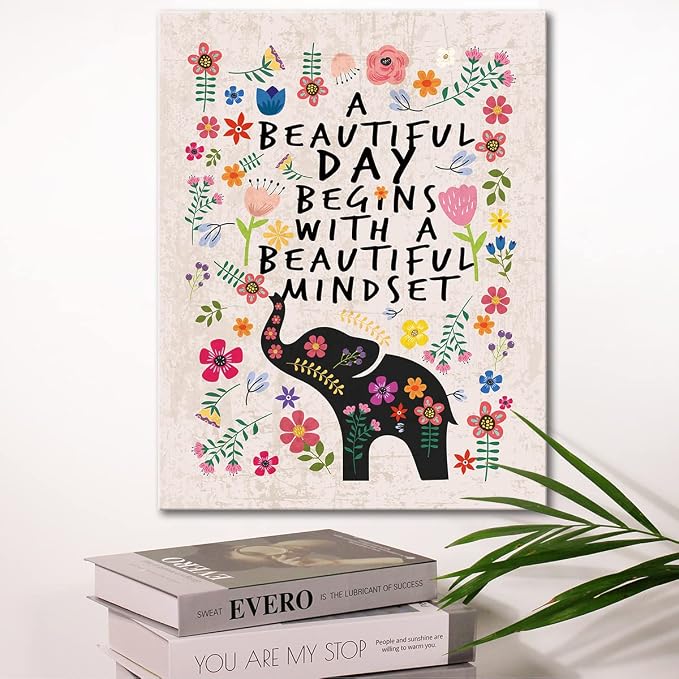 Wailozco A Beautiful Day Begins with A Beautiful Mindset Wall Art for Girls Room Decor,Boho Flower Elephant Canvas Print for Teen Girls Bedroom Dorm Wall Decoration