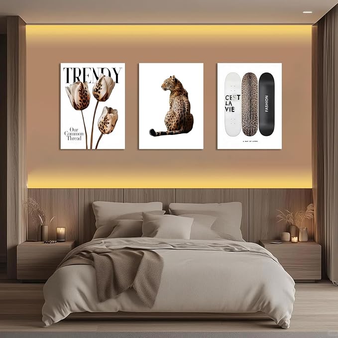 Trendy Leopard Canvas Wall Art Set of 3 Cheetah Printed Preppy Fashion Skateboard Wall Decor Preppy Room Aesthetic posters Prints for Girls Bedroom Apartment Dorm 12x16in Framed Decoration