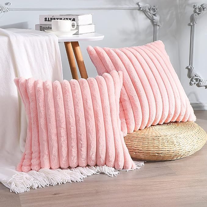 Soleebee Set of 2 Throw Pillow Covers Soft Cozy Velvet Pillowcase Faux Rabbit Fur Cover for Couch Sofa Bed Chair Home Decorative Pillows Cover (18x18 Inch, Pink)