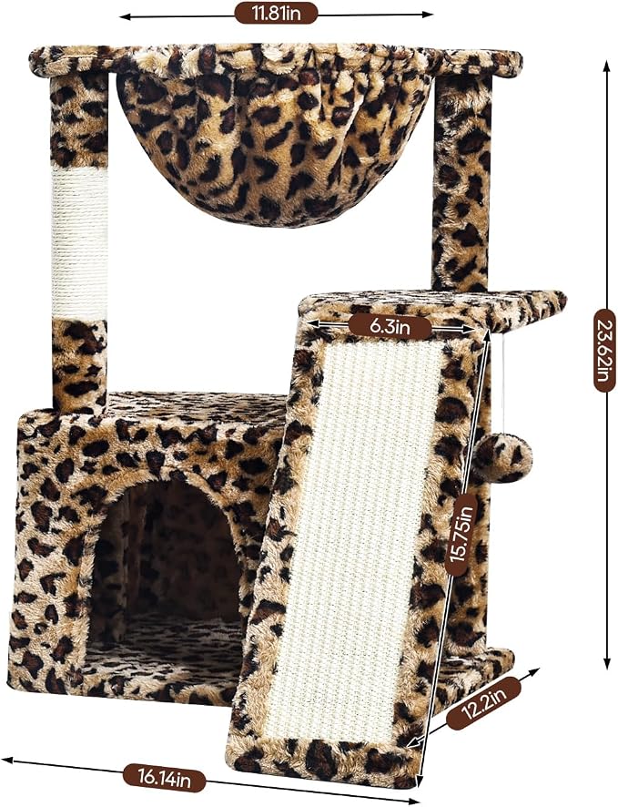 SYANDLVY Leopard Print Cat Tree for Indoor Cats, Small Cat Tower with Scratching Post & Board, Modern Activity House Condo with Cradle, Hanging Ball for Play, Kittens Cave