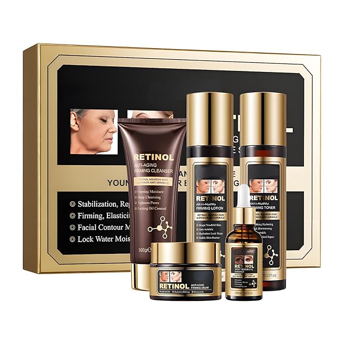 SKK Skin Care Set, 5 Piece Skin Care Set,Skin Care Gift Set for Women, Facial Care Set Includes Cleanser, Facial Essence, Moisturizing Lotion, Face Cream, Toner. (Retinol)