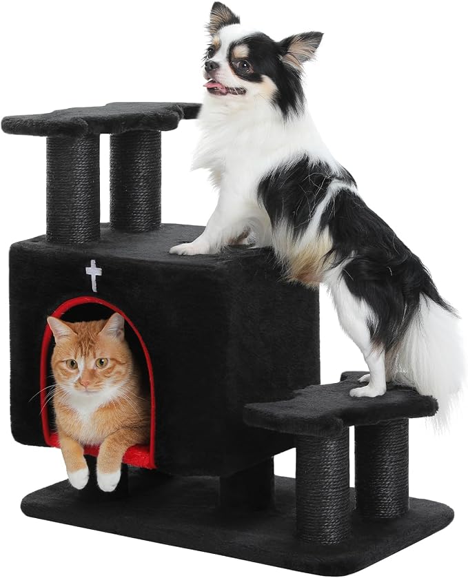 Gothic 3-in-1 Cat Stairs with Scratching Post & Condo, Pet Steps | Pet Steps for High Beds, Sofa, Couch, Tall Cat Tower, High-Strength Boards for Indoor Small Cats Kittens Dogs Climbing Play