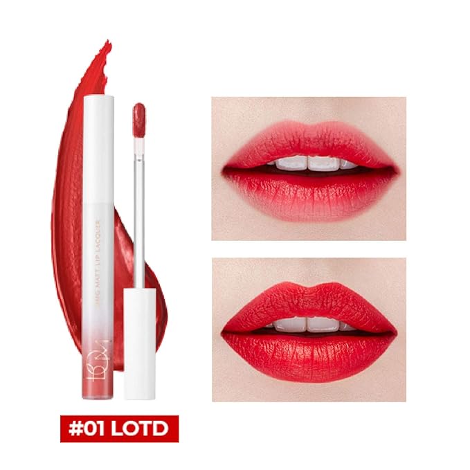 bom OMG Matte Lip Lacquer Waterproof Long Wearing Cherry Pink Liquid Lipstick Matte Finish Full Coverage 0.14 oz (Red)