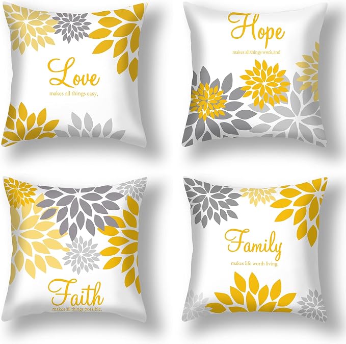 Tatuo 4 Pcs Flower Pillow Covers Square 18 x 18 Inch Yellow Silver Series | Pillow Cushion Cases for Sofa Bed, Family Faith Hope Love Words, Decorative Flower Pattern, Living Room Home Decor