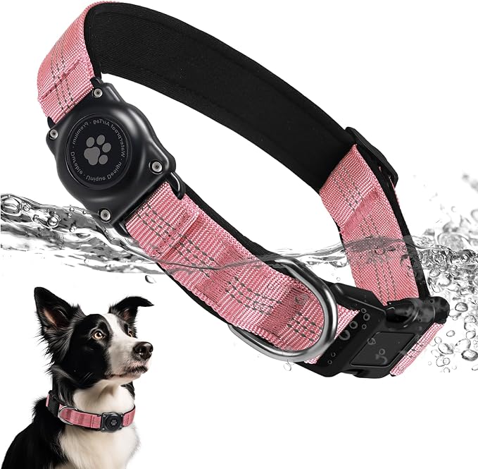 Upgrade Dog Collar with AirTag Holder, IP68 Waterproof, Pink, XS | Built-in Water Resistant AirTag holder, 1000D Nylon, Reflective Stitching for Night Visibility, Soft padding for Comfort